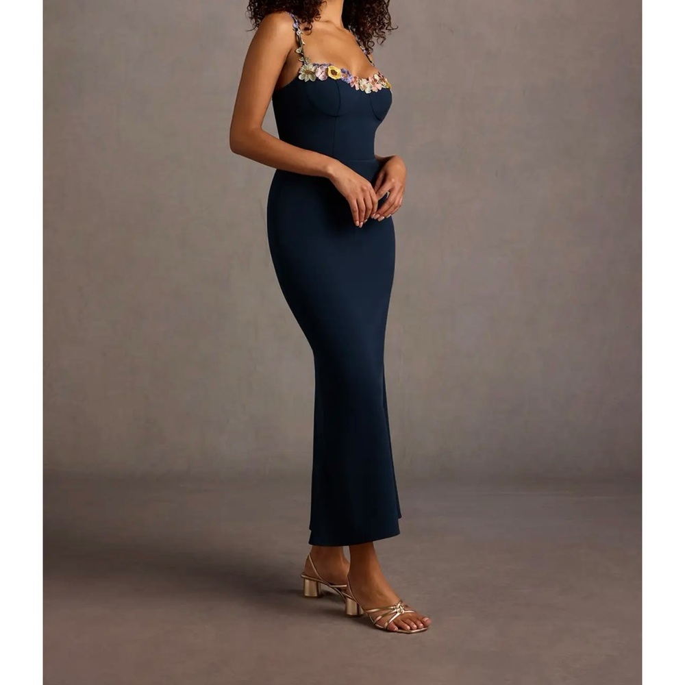 Azazie Navy Maxi Dress with Floral Embellished Straps